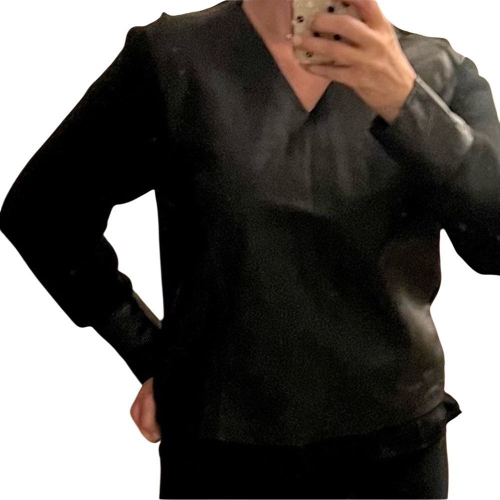 Vintage 90s Black Leather Wool Mixed Media V Neck Relaxed Sweater Minimalist M